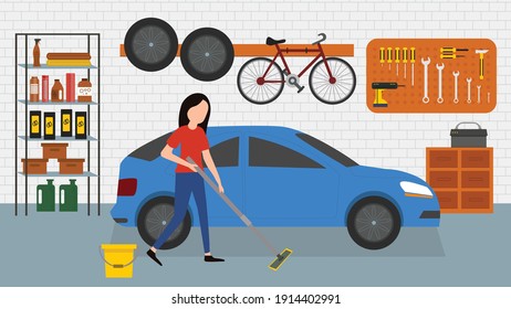 Woman Cleaning Garage With A Mop. Housewife, Housekeeping, Household Themes. Vector Illustration In Flat Style