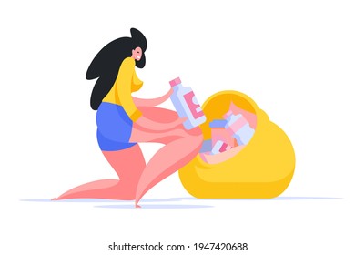 Woman cleaning garbage in bag illustration. Female character in blue shorts and tshirt putting plastic bottles in yellow package. Ecological fight against pollution by volunteering vector flat.