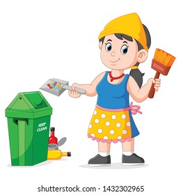 woman cleaning garbage and holding brush to garbage bin