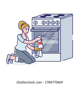 Woman cleaning gas stove and oven. Housekeeping and kitchen cleanup concept. Cartoon housewife washing stove and doing housework. Linear vector illustration