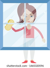 Woman cleaning glass, illustration, vector on white background.
