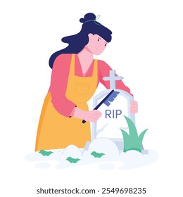 Woman cleaning grave flat illustration 