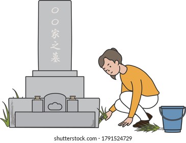 Woman cleaning the grave.
visit to a grave.
English translation of Japanese in the image:Grave of the somehow's