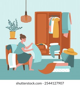 Woman cleaning her closet with clothes. There are a lot of things in the closet, wardrobe analysis is needed. Clothes are scattered all over the room. Flat vector illustration.