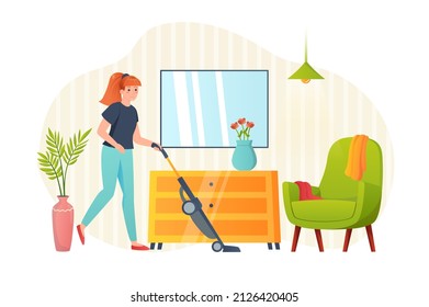 Woman cleaning at home flat concept people scene. Young girl vacuums floor in room, cleanup apartment and performs daily household chores and housework. Vector illustration for web banner design