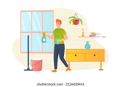 Woman cleaning at home flat concept people scene. Young guy spray detergent and washes window, cleans room with mop, cleanup apartment and performs housework. Vector illustration for web banner design