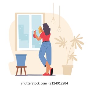 Woman Cleaning Home Wiping Window with Wet Rag and Sprayer. Female Character Household Activity, Housekeeping Process. Everyday Routine of Duties and Chores, Houseworking. Cartoon Vector Illustration