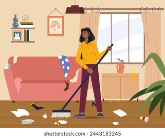 Woman cleaning house concept. Young girl with brush inside apartment . Cleaniness and hygiene. Mess and chaos in apartment. Housewife in dirty room. Cartoon flat vector illustration