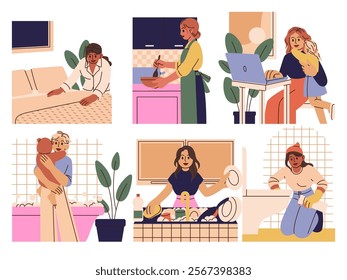 Woman cleaning house. Home cleanup. Housewife works. Mother cleans kitchen dishes or household toilet plumbing. Laundry washing. Tired from chores. Housework activities. Vector housekeeping scenes set