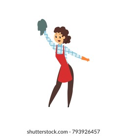 Woman cleaning house with rag. Professional cleaner in maid uniform red apron, brown pants, checkered blouse and rubber gloves. Domestic worker. Flat vector design