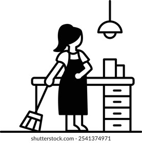 A woman is cleaning a kitchen counter with a broom