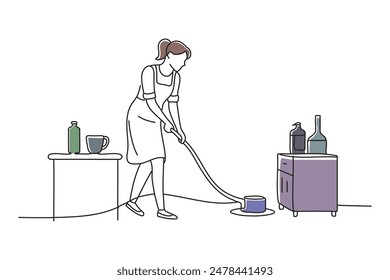 woman cleaning the kitchen, doodle continuous line art vector illustration.