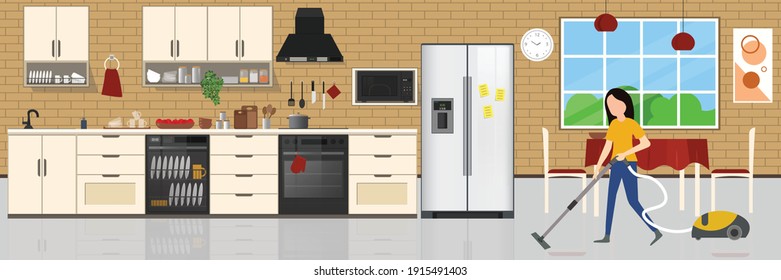 Woman Cleaning Kitchen with a mop. Housewife, Housekeeping, Household themes. Vector illustration in flat style