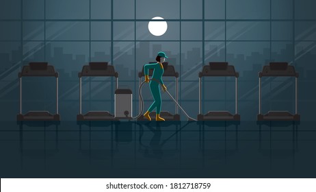 A Woman Cleaning Maid Service Working In Fitness Center Treadmill At Night. Alone In Dark And Full Moon Light. Job Lifestyle Of Work Hard Overtime And Overwork. Idea Illustration Concept Vector Idea.