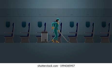 A Woman Cleaning Maid Service Working In Plane Cabin. Alone In Dark And Small Light. Lifestyle Of Work Hard Overtime And Overwork For Re-opening Airline Business. Airplane Interior With Empty Seat.