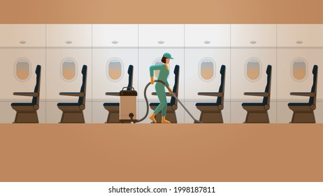 A Woman Cleaning Maid Service Working In Plane Cabin. Alone In Orange Morning Sunrise. Lifestyle Of Work Hard Overtime And Overwork For Re-opening Airline Business. Airplane Interior With Empty Seat.