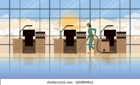 A woman cleaning maid working at office working room in early morning sunrise. Occupation lifestyle professional service before re-opening business hours for work. Vector Illustration concept idea.