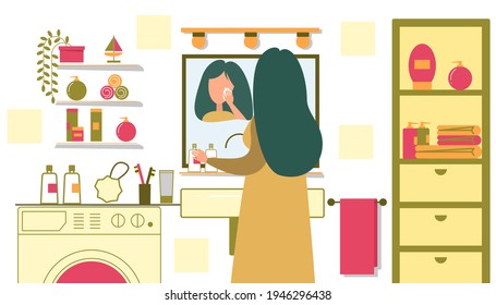 Woman Cleaning Makeup. Skin Care Routine. Face Care Concept. Cleansing, Moisturizing. Girl Looking at Mirror in Bathroom Interior Using Cosmetic. Healthy Lifestyle Flat Cartoon Vector Illustration.
