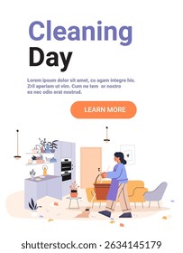 Woman cleaning modern living room kitchen interior daily chores cozy furniture plants flat color background landing page
