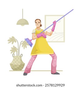 Woman cleaning with mop, enjoying household chores. Vector illustration