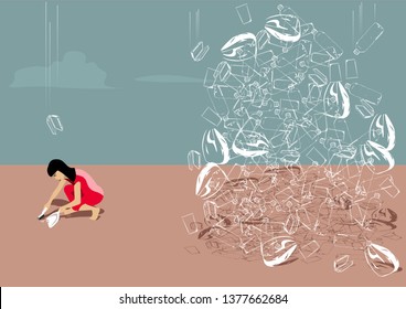 Woman cleaning with a mountain of plastic garbage behind her