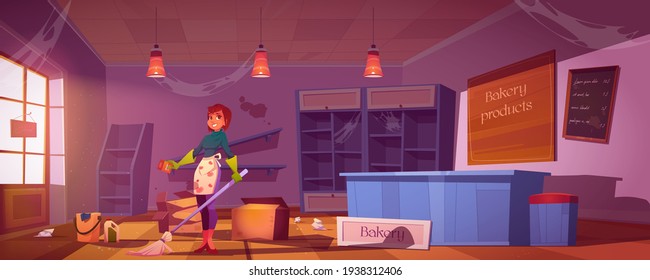 Woman cleaning old dirty bakery shop