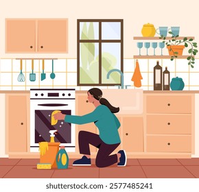 Woman cleaning an oven in a tidy kitchen with cleaning supplies. Modern flat graphic style on a light background. Concept of household chores and cleanliness. Vector illustration