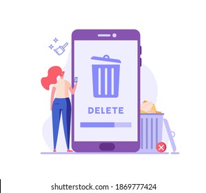 Woman cleaning phone, smartphone with trash can sign. User removing files or documents to waste bin. Concept of delete file, cleaning smartphone, removing process. Flat vector illustration for UI