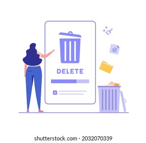 Woman cleaning phone, smartphone with trash can sign. User removing files or documents to waste bin. Concept of delete file, cleaning smartphone, removing process. Flat vector illustration for UI