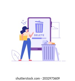 Woman cleaning phone, smartphone with trash can sign. User removing files or documents to waste bin. Concept of delete file, cleaning smartphone, removing process. Flat vector illustration for UI