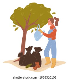 Woman cleaning plastic bags from trees, female character caring for nature and environment getting rid of harmful materials. Saving ecosystems of woods or green forests. Vector in flat style