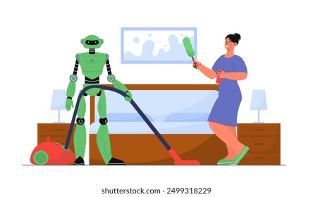 Woman cleaning with robot. Young girl in uniform cleans room with bot. Modern technologies and innovations, artificial intelligence. Cleanliness and hygiene. Flat vector illustration