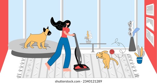 The woman is cleaning the room. A cat and a dog play with a ball of thread and interfere with vacuuming the floor. Vector illustration, pet friendly concept