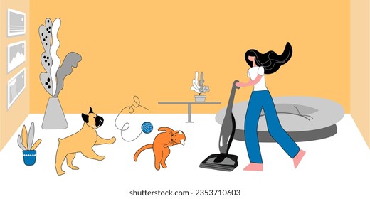The woman is cleaning the room. A cat and a dog play with a ball of thread and interfere with vacuuming the floor. Vector illustration, pet friendly concept
