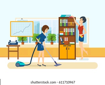 Woman Cleaning Room. Girl, Employee Of The Office,clean The Cabinet: Vacuuming Floors And Wiping Dust From Cabinets And Other Furniture. Vector Illustration Isolated In Cartoon Style.