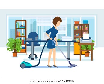 Woman cleaning room. Girl, employee of the office,clean the cabinet: vacuuming floors and wiping dust from cabinets and other furniture. Vector illustration isolated in cartoon style.