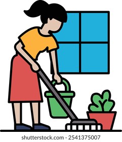 A woman is cleaning a room with a green bucket and a green mop. The room has a window with a potted plant in it