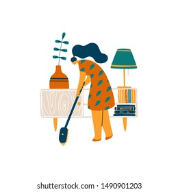 Woman cleaning room. Mopping floors with a mop. Flat cartoon vector illustration.