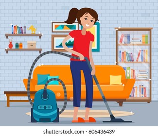 Woman cleaning room with vacuum cleaner. Flat style vector illustration. 