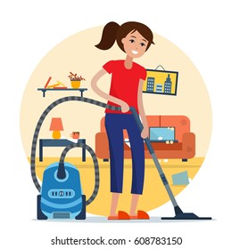 Woman cleaning room with vacuum cleaner. Flat style vector illustration. 