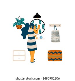 Woman cleaning room. Washing of mirrors. Flat cartoon vector illustration.