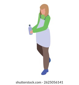 Woman cleaning service holding detergent bottle, isometric view