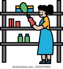 A woman is cleaning a shelf in a store. She is wearing a blue apron and holding a cleaning tool