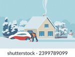 Woman cleaning snow with shovel around her country house. Wintertime work at yard or road. Winter scene at snowy weather. Flat vector illustration