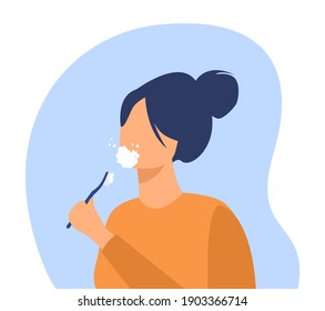 Woman cleaning teeth. Toothbrush, brush, toothpaste. Flat vector illustration. Hygiene, self care, routine concept for banner, website design or landing web page