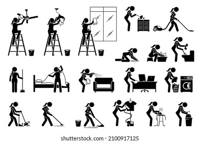 Woman cleaning tidying housekeeping house. Vector illustrations depict girl cleaning and wiping ceiling fan, light, window, furniture, washing toilet, sweeping, vacuum, mopping floor, and laundry.