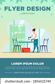Woman cleaning and washing home. Table, apartment, house flat vector illustration. Housekeeping and housework concept for banner, website design or landing web page
