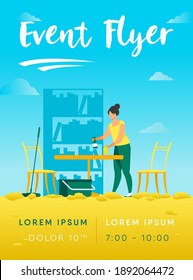 Woman cleaning and washing home. Table, apartment, house flat vector illustration. Housekeeping and housework concept for banner, website design or landing web page