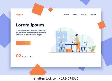 Woman cleaning and washing home. Table, apartment, house flat vector illustration. Housekeeping and housework concept for banner, website design or landing web page