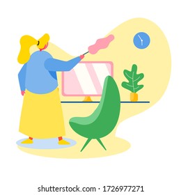 The woman is cleaning when working on computer at home, freelance people work in comfortable conditions set vector flat illustration. Vector flat style illustration.  People at home in quarantine